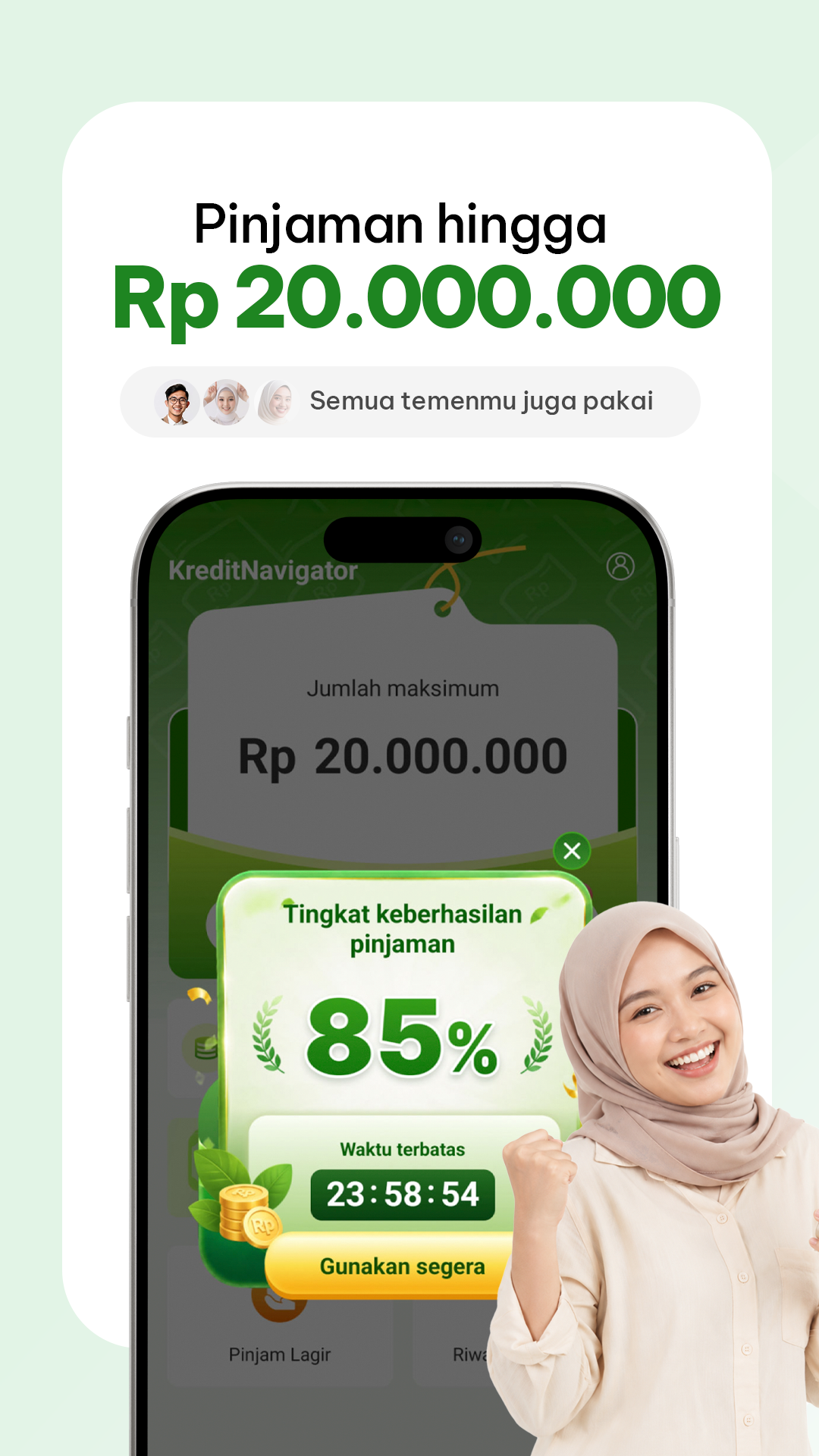 Tampilan aplikasi KreditNavigator dengan plafon pinjaman hingga Rp 20.000.000